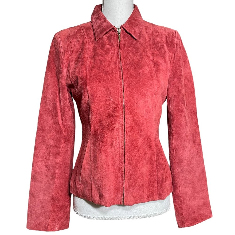 Genuine Suede Leather Jacket S Full-Zip Collared POCKETS Burgundy Red Nubuck